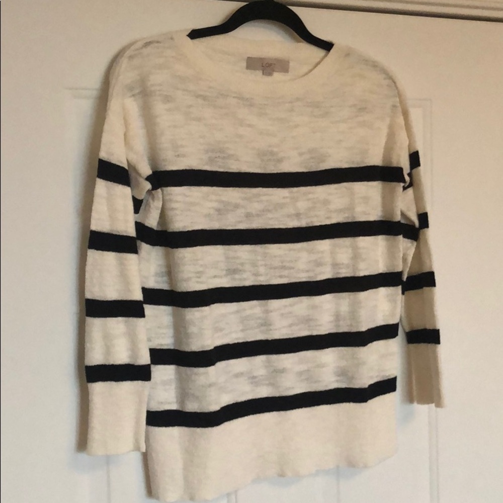 LOFT Cream and Black Striped Crewneck Sweater
